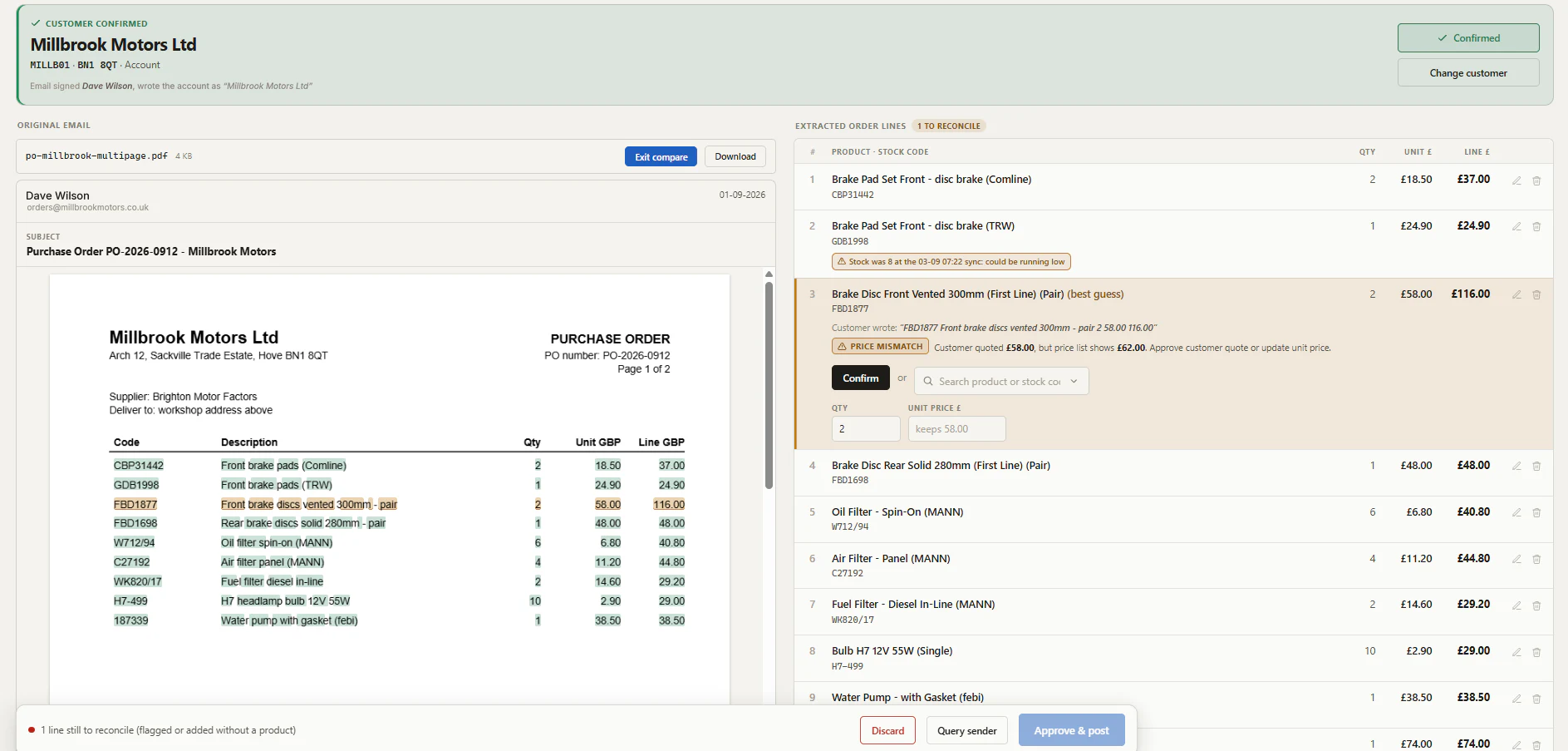 Order Intake: the customer's own purchase order PDF on the left with each line highlighted where it was found, and the extracted order lines on the right, one flagged because the quoted price does not match the price list